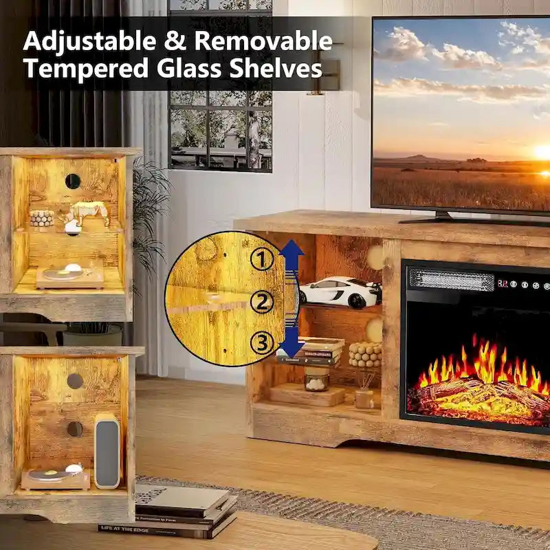 Rustieke tv-standaard van hout met elektrische haard, houtnerf en opbergruimte achter glazen deur
