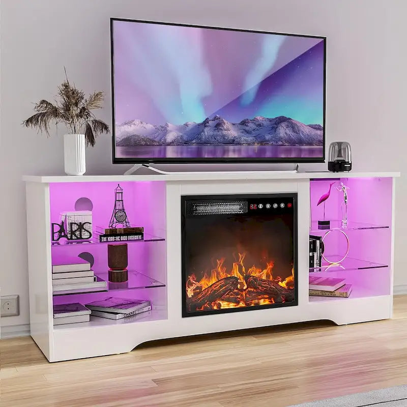 Rustieke tv-standaard van hout met elektrische haard, houtnerf en opbergruimte achter glazen deur