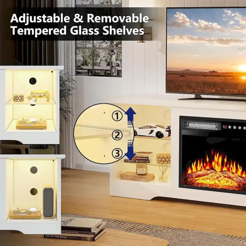 Rustieke tv-standaard van hout met elektrische haard, houtnerf en opbergruimte achter glazen deur