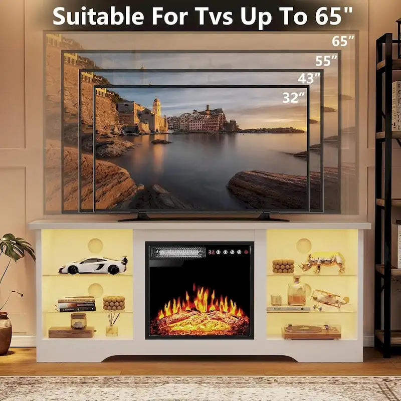 Rustieke tv-standaard van hout met elektrische haard, houtnerf en opbergruimte achter glazen deur