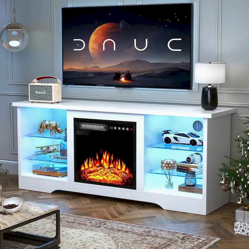 Rustieke tv-standaard van hout met elektrische haard, houtnerf en opbergruimte achter glazen deur