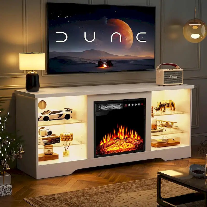 Rustieke tv-standaard van hout met elektrische haard, houtnerf en opbergruimte achter glazen deur