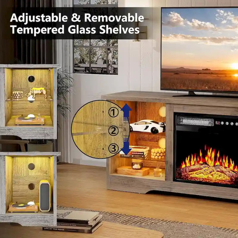 Rustieke tv-standaard van hout met elektrische haard, houtnerf en opbergruimte achter glazen deur