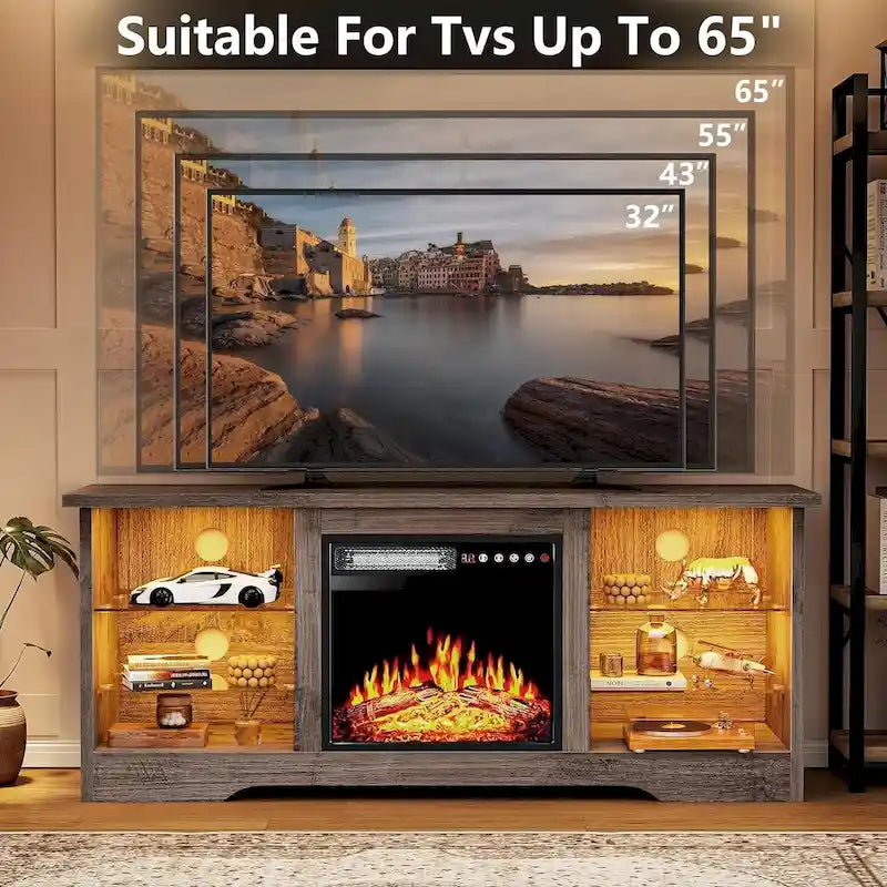 Rustieke tv-standaard van hout met elektrische haard, houtnerf en opbergruimte achter glazen deur