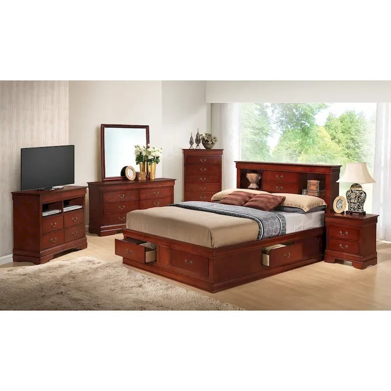 Traditionelles Kingsize-Aufbewahrungsbett mit Schubladen und Kopfteil mit Bücherregal