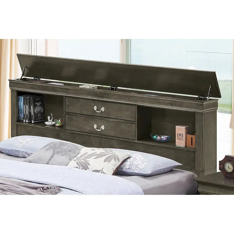 Traditional King Storage Platform Bed with Drawers and Bookcase Headboard