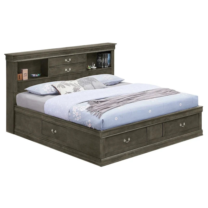 Traditional King Storage Platform Bed with Drawers and Bookcase Headboard