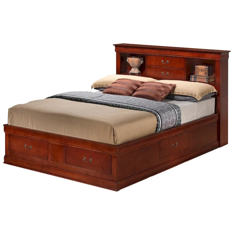 Traditional King Storage Platform Bed with Drawers and Bookcase Headboard