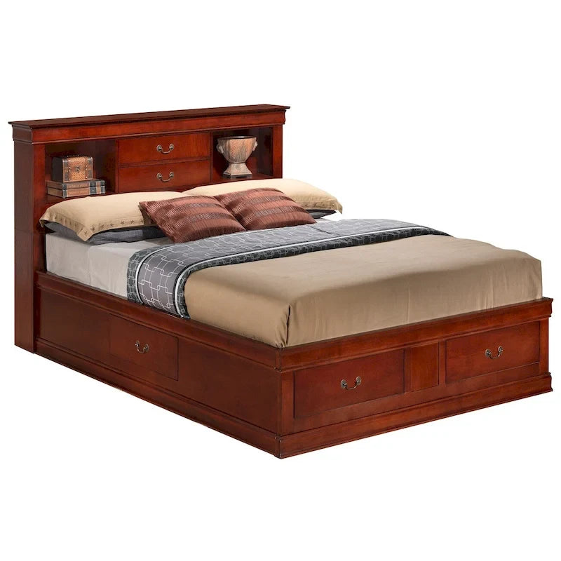 Traditional King Storage Platform Bed with Drawers and Bookcase Headboard