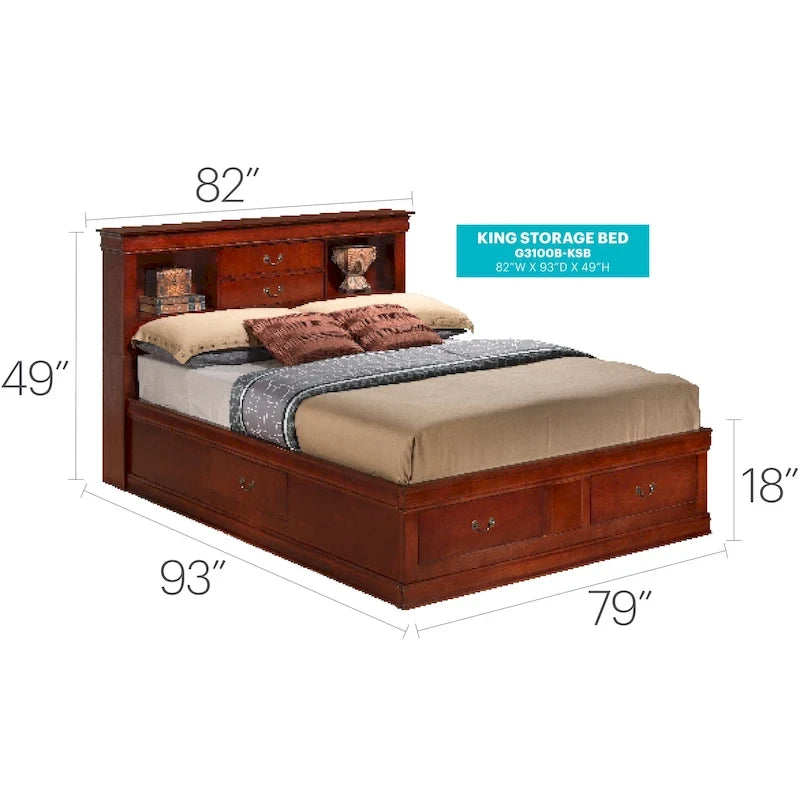 Traditional King Storage Platform Bed with Drawers and Bookcase Headboard
