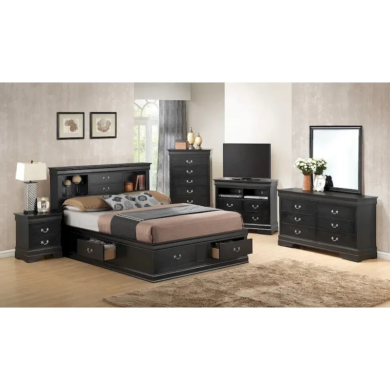 Traditional King Storage Platform Bed with Drawers and Bookcase Headboard