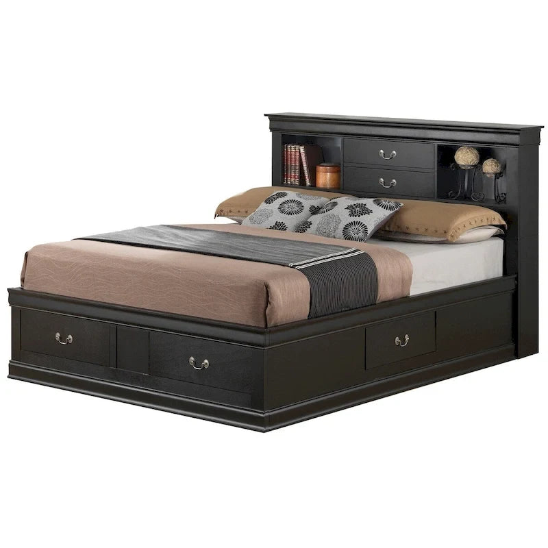 Traditional King Storage Platform Bed with Drawers and Bookcase Headboard