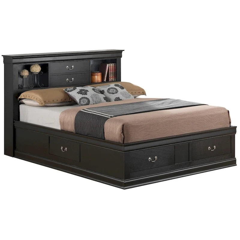Traditional King Storage Platform Bed with Drawers and Bookcase Headboard