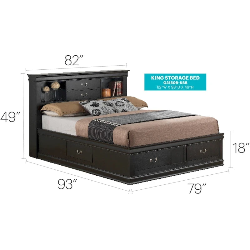 Traditional King Storage Platform Bed with Drawers and Bookcase Headboard