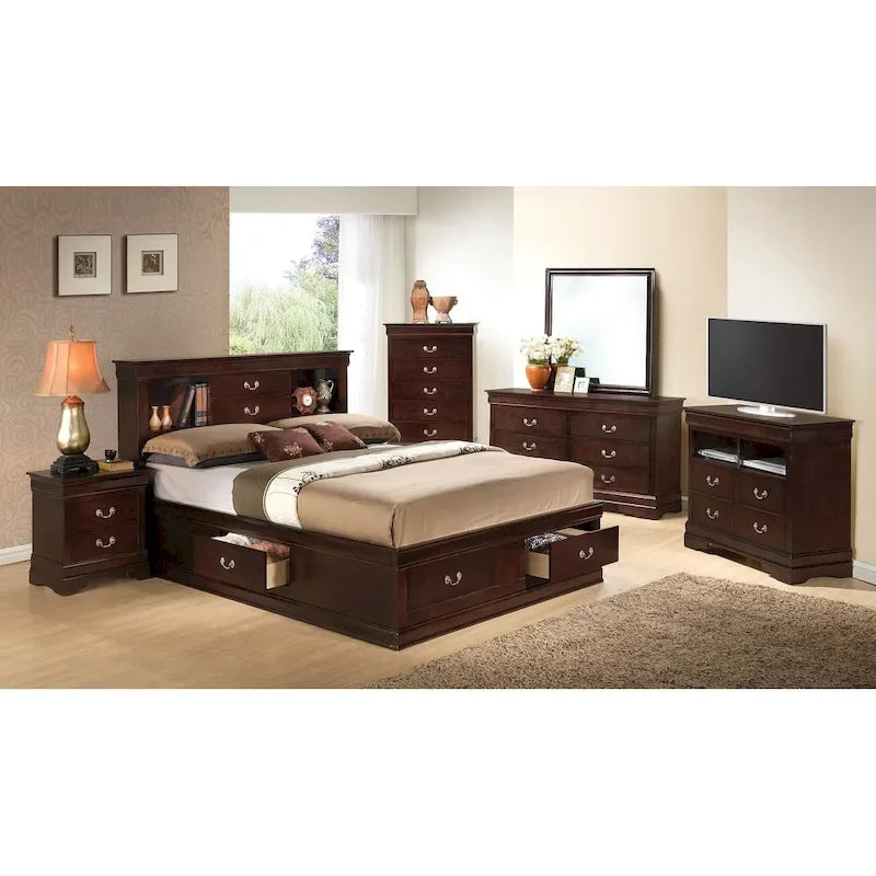 Traditional King Storage Platform Bed with Drawers and Bookcase Headboard