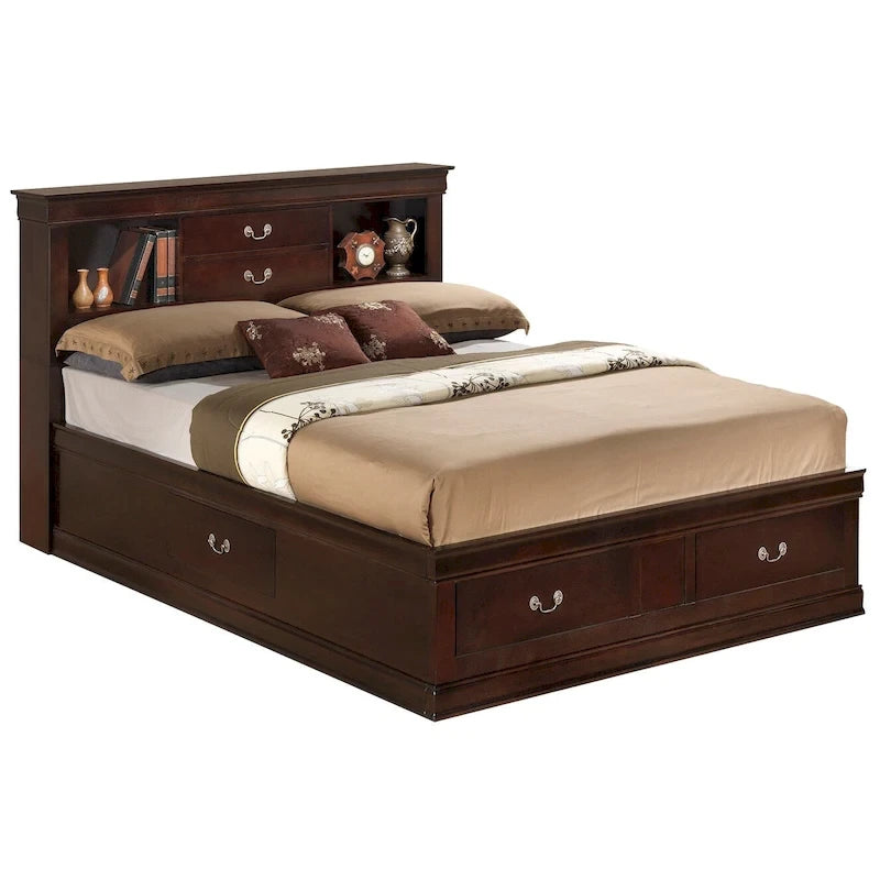 Traditional King Storage Platform Bed with Drawers and Bookcase Headboard