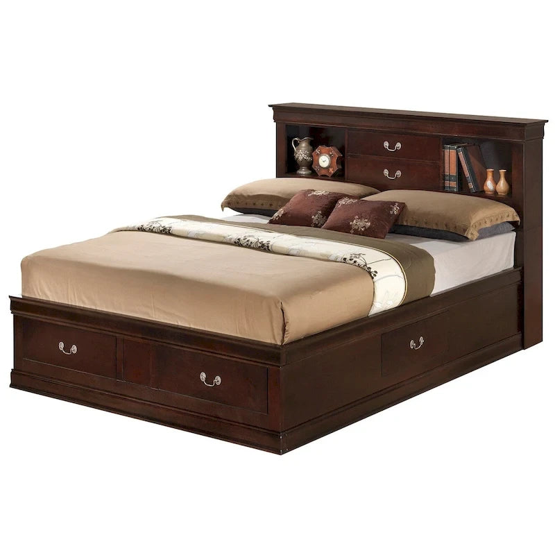Traditional King Storage Platform Bed with Drawers and Bookcase Headboard