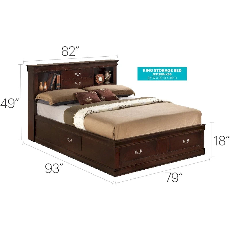 Traditional King Storage Platform Bed with Drawers and Bookcase Headboard