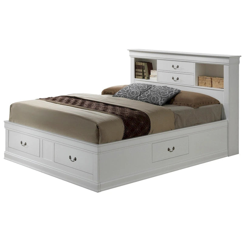 Traditional King Storage Platform Bed with Drawers and Bookcase Headboard
