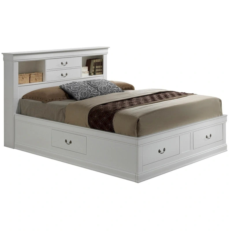 Traditional King Storage Platform Bed with Drawers and Bookcase Headboard