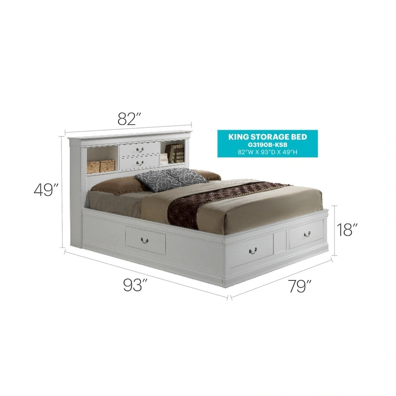 Traditional King Storage Platform Bed with Drawers and Bookcase Headboard