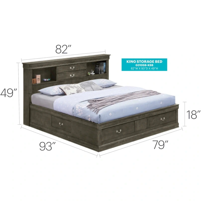 Traditional King Storage Platform Bed with Drawers and Bookcase Headboard