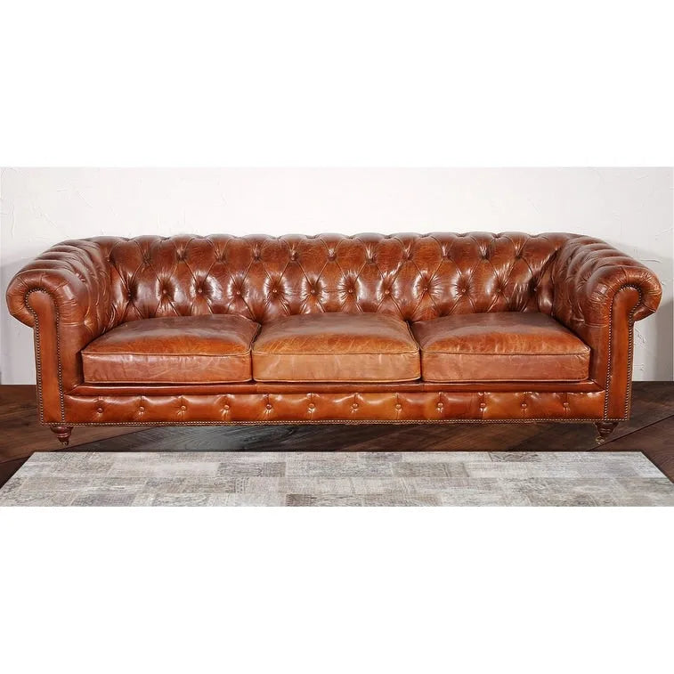 Classic Brown Genuine Leather Tufted Sofa with Rolled Arms and Nailhead Trim