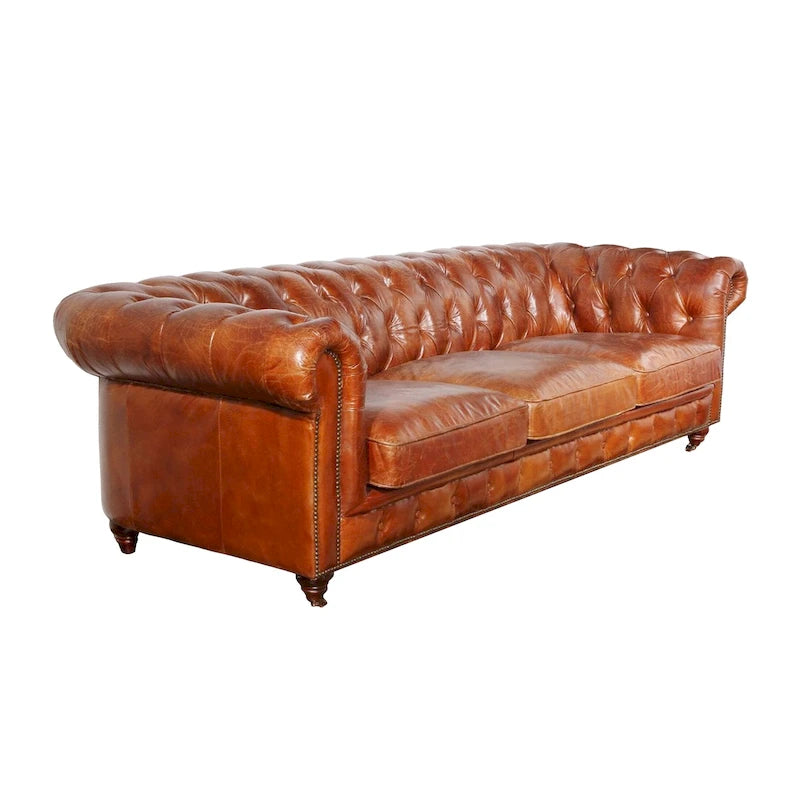 Classic Brown Genuine Leather Tufted Sofa with Rolled Arms and Nailhead Trim