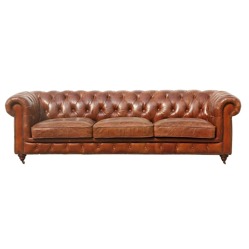 Classic Brown Genuine Leather Tufted Sofa with Rolled Arms and Nailhead Trim