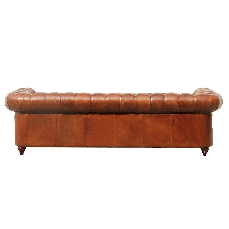 Classic Brown Genuine Leather Tufted Sofa with Rolled Arms and Nailhead Trim