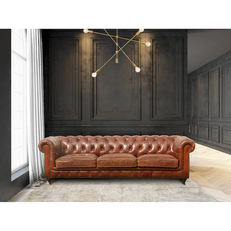 Classic Brown Genuine Leather Tufted Sofa with Rolled Arms and Nailhead Trim