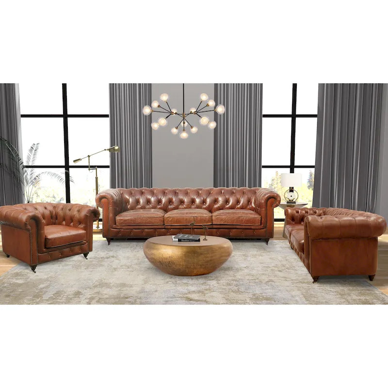 Classic Brown Genuine Leather Tufted Sofa with Rolled Arms and Nailhead Trim