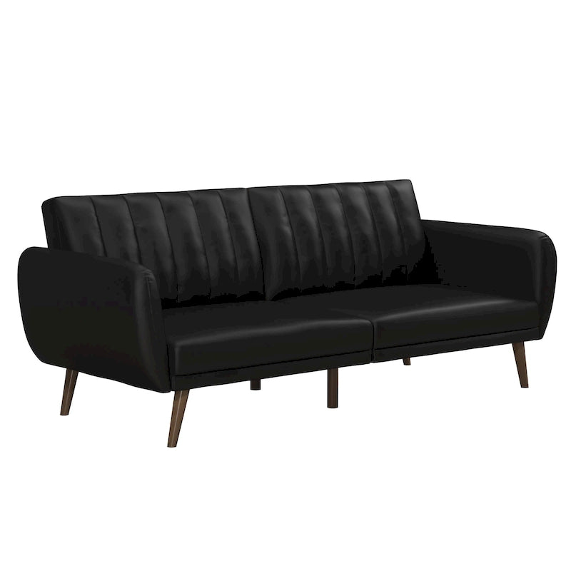 Mid-Century Modern Faux Leather Tufted Futon Sofa with Wooden Legs