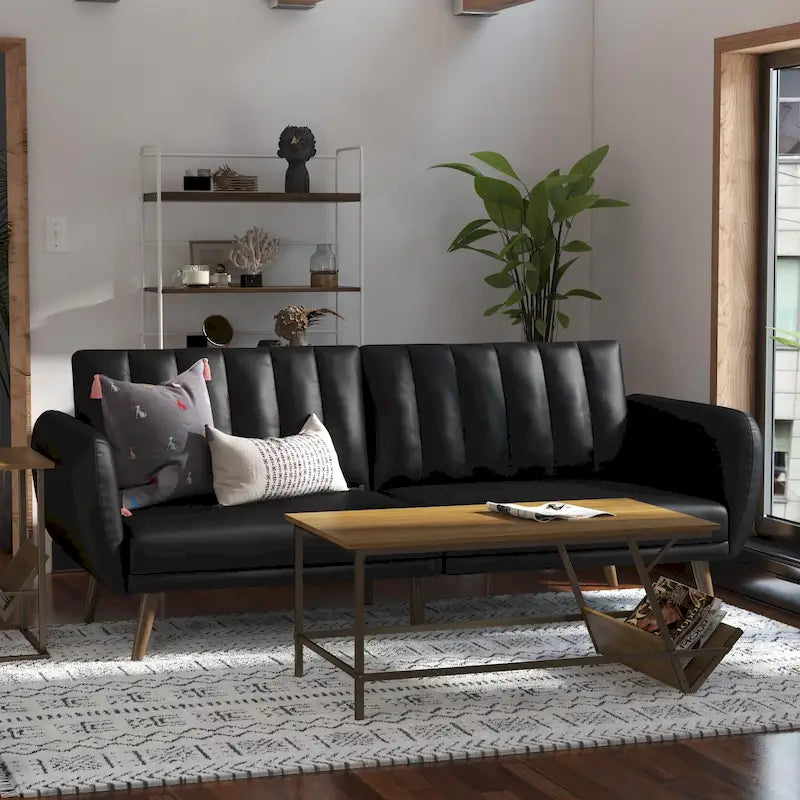 Mid-Century Modern Faux Leather Tufted Futon Sofa with Wooden Legs