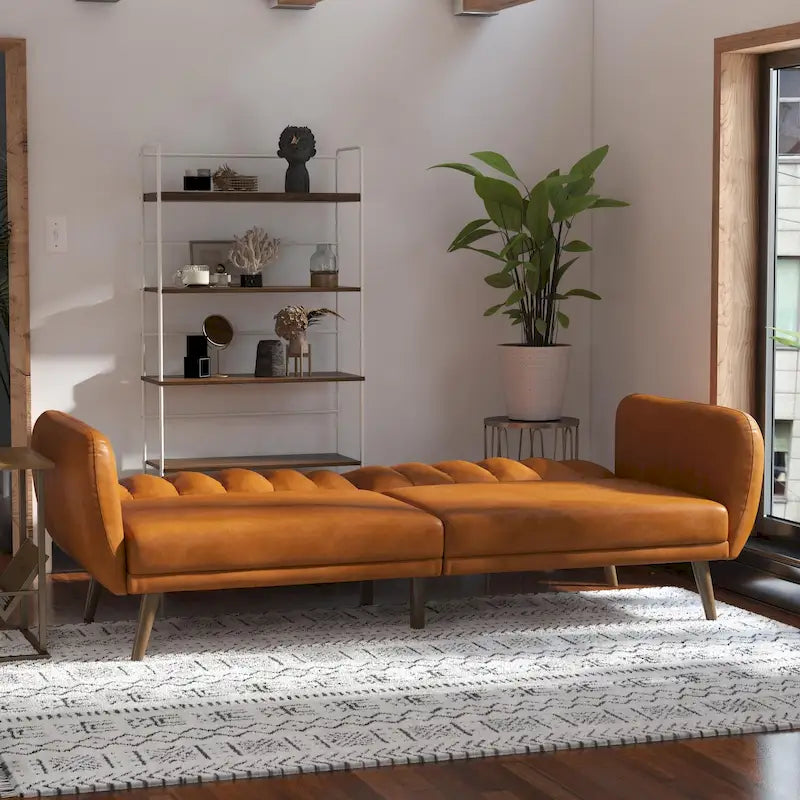 Mid-Century Modern Faux Leather Tufted Futon Sofa with Wooden Legs