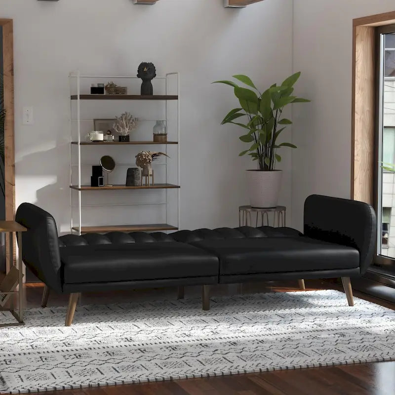 Mid-Century Modern Faux Leather Tufted Futon Sofa with Wooden Legs