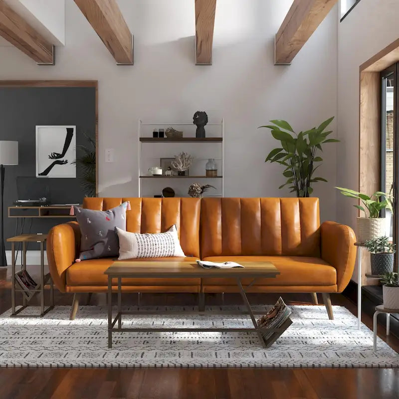 Mid-Century Modern Faux Leather Tufted Futon Sofa with Wooden Legs