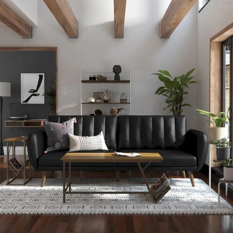 Mid-Century Modern Faux Leather Tufted Futon Sofa with Wooden Legs