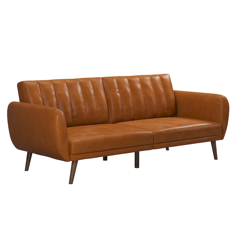 Mid-Century Modern Faux Leather Tufted Futon Sofa with Wooden Legs