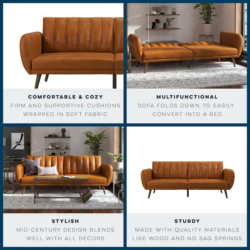 Mid-Century Modern Faux Leather Tufted Futon Sofa with Wooden Legs