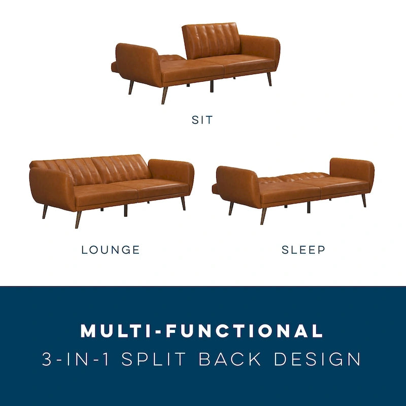 Mid-Century Modern Faux Leather Tufted Futon Sofa with Wooden Legs