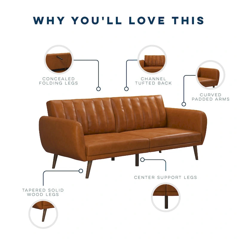 Mid-Century Modern Faux Leather Tufted Futon Sofa with Wooden Legs