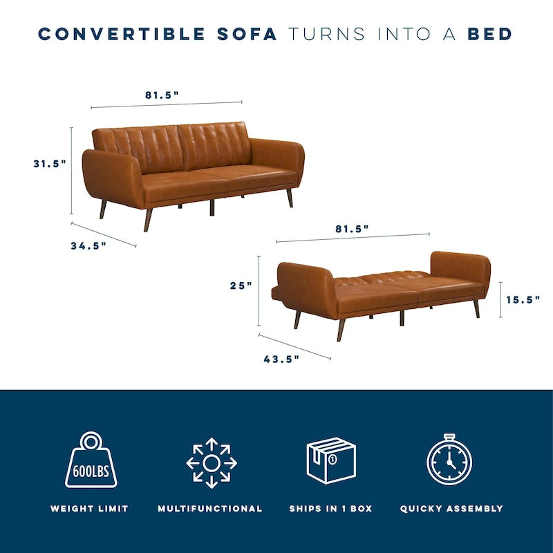 Mid-Century Modern Faux Leather Tufted Futon Sofa with Wooden Legs