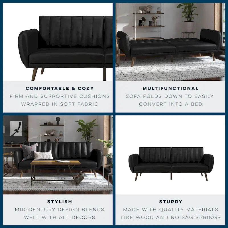 Mid-Century Modern Faux Leather Tufted Futon Sofa with Wooden Legs