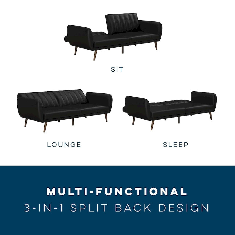 Mid-Century Modern Faux Leather Tufted Futon Sofa with Wooden Legs