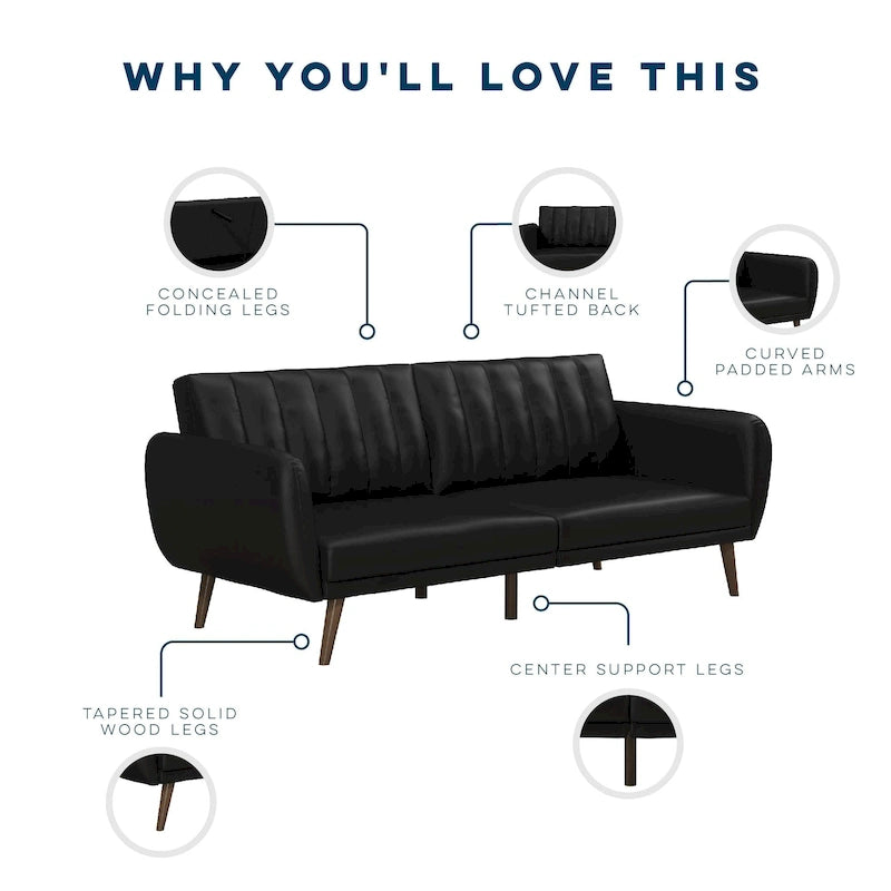 Mid-Century Modern Faux Leather Tufted Futon Sofa with Wooden Legs
