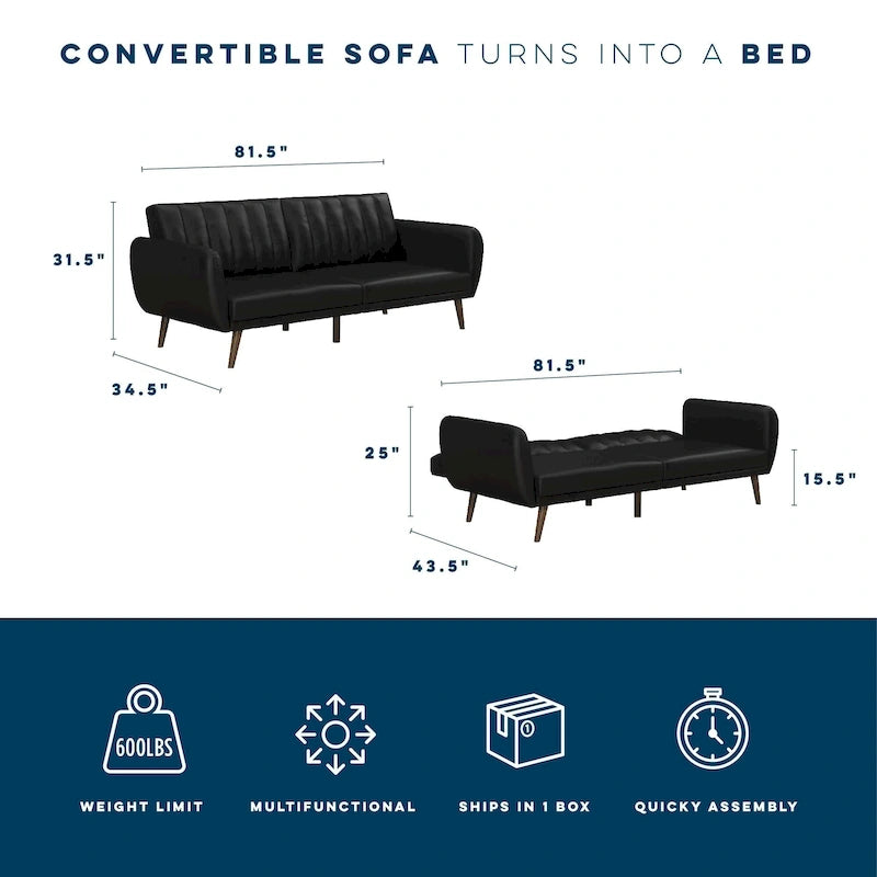 Mid-Century Modern Faux Leather Tufted Futon Sofa with Wooden Legs