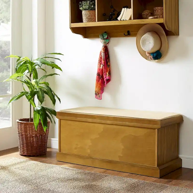 Panca contenitore per ingresso con cuscino effetto legno naturale e vani aperti per scarpe