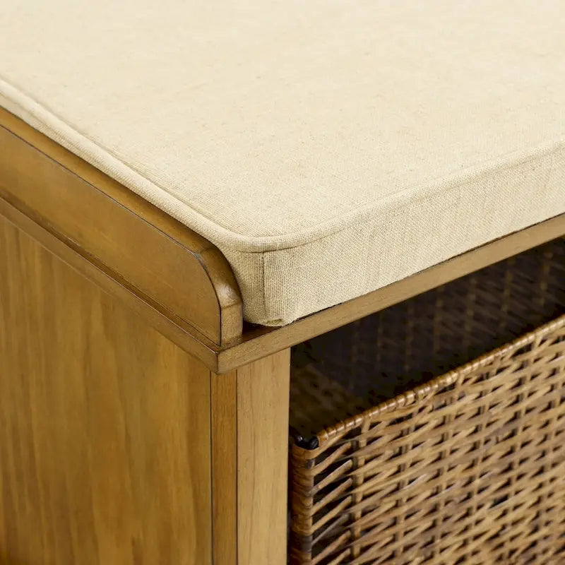 Panca contenitore per ingresso con cuscino effetto legno naturale e vani aperti per scarpe