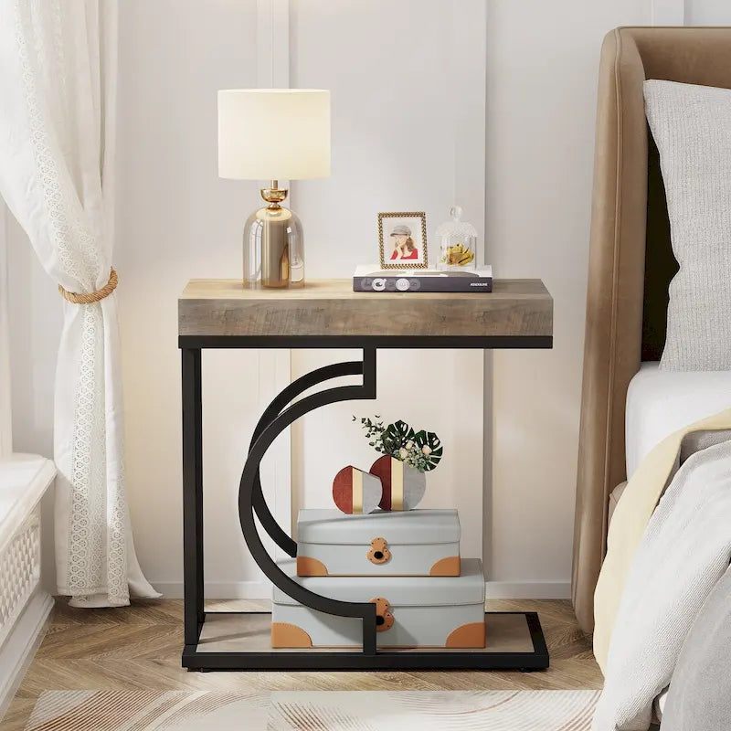 Modern White Marble-Look Gold Frame Narrow Side Table with Shelf